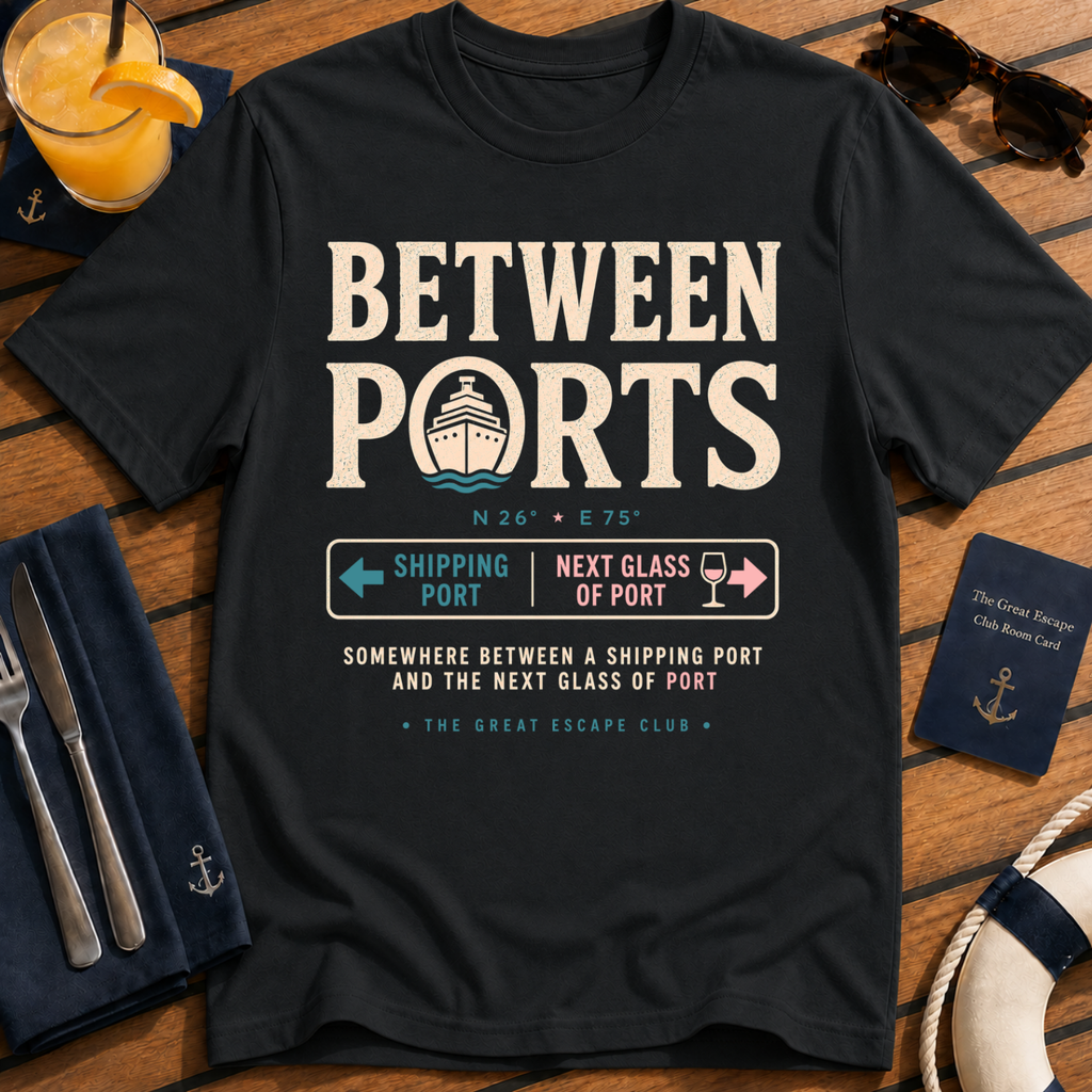 Between Ports funny cruise black t-shirt for port days, wine lovers and nautical travel fans by The Great Escape Club