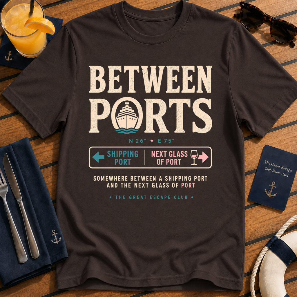 Between Ports funny cruise dark chocolate brown t-shirt for port days, wine lovers and nautical travel fans by The Great Escape Club