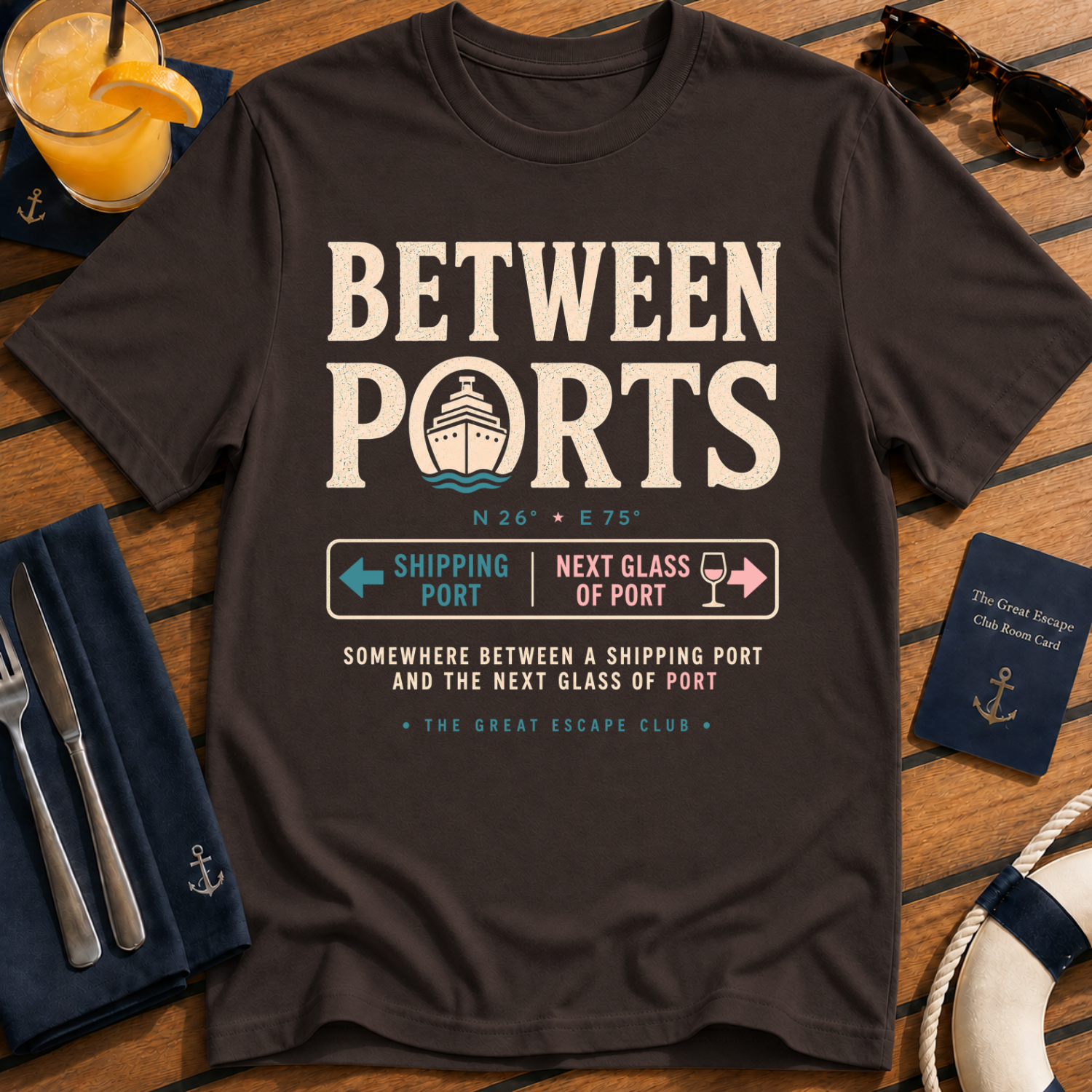 Between Ports funny cruise dark chocolate brown t-shirt for port days, wine lovers and nautical travel fans by The Great Escape Club