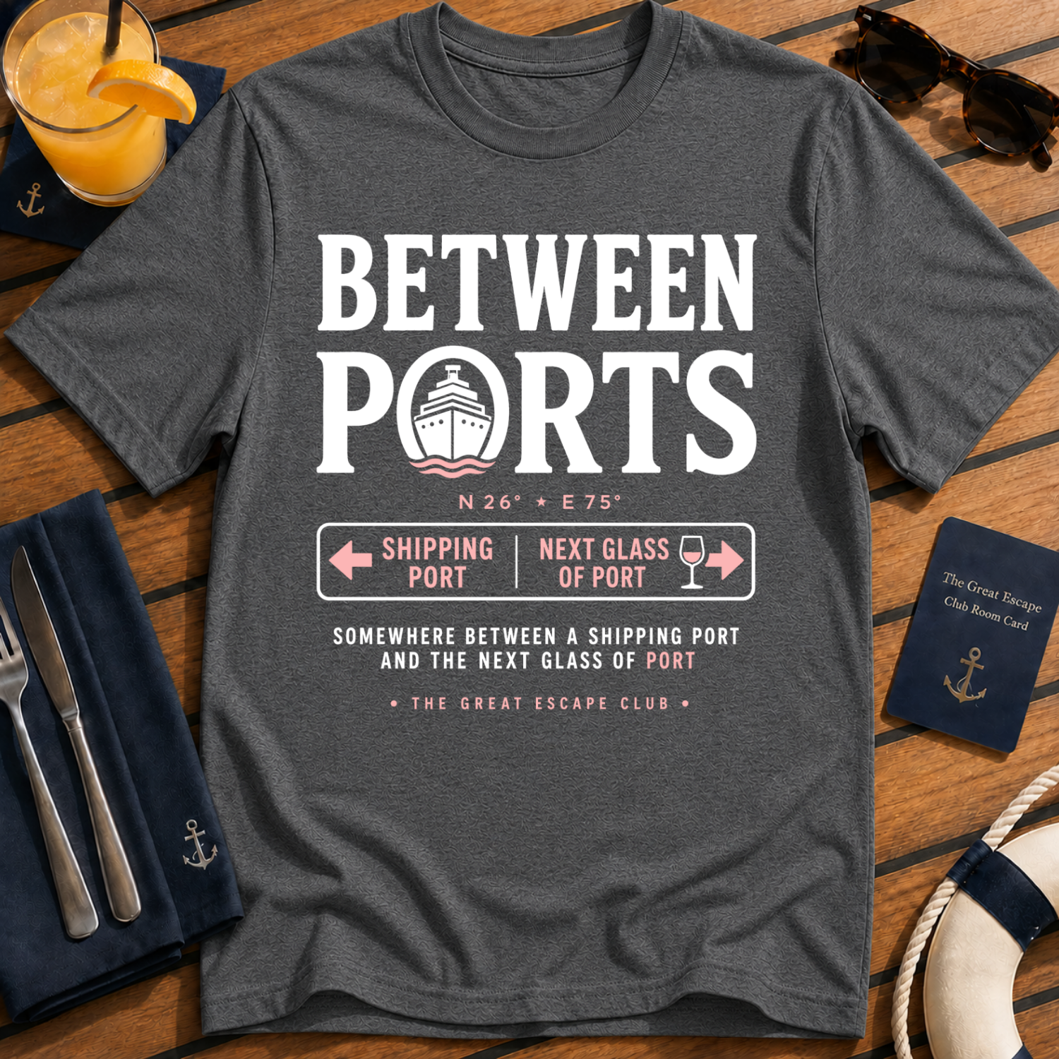 Between Ports funny cruise dark heather grey t-shirt for port days, wine lovers and nautical travel fans by The Great Escape Club