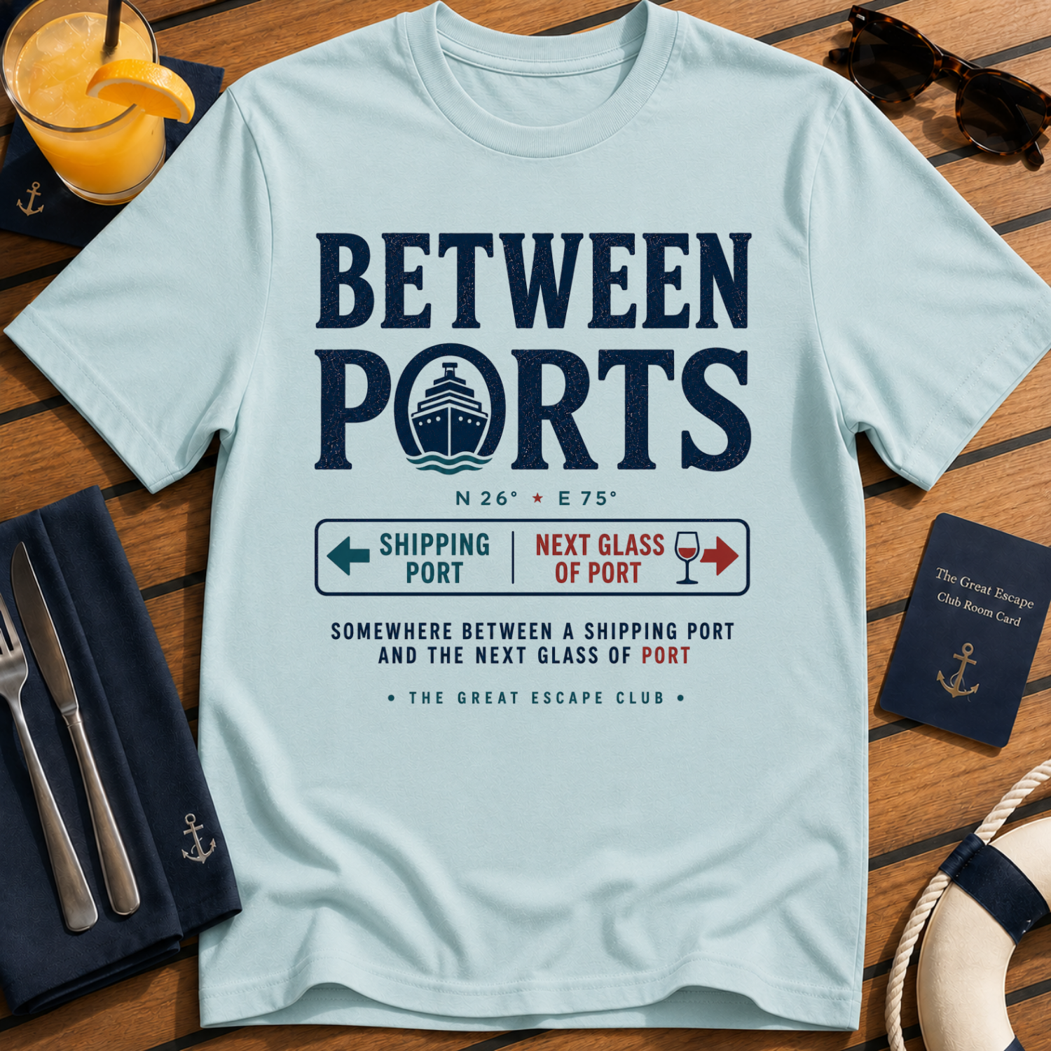 Between Ports funny cruise light blue t-shirt for port days, wine lovers and nautical travel fans by The Great Escape Club