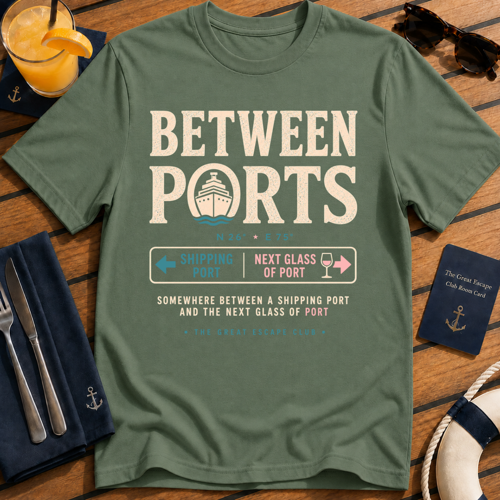 Between Ports funny cruise military green t-shirt for port days, wine lovers and nautical travel fans by The Great Escape Club
