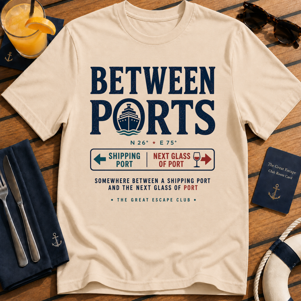 Between Ports funny cruise natural tan t-shirt for port days, wine lovers and nautical travel fans by The Great Escape Club
