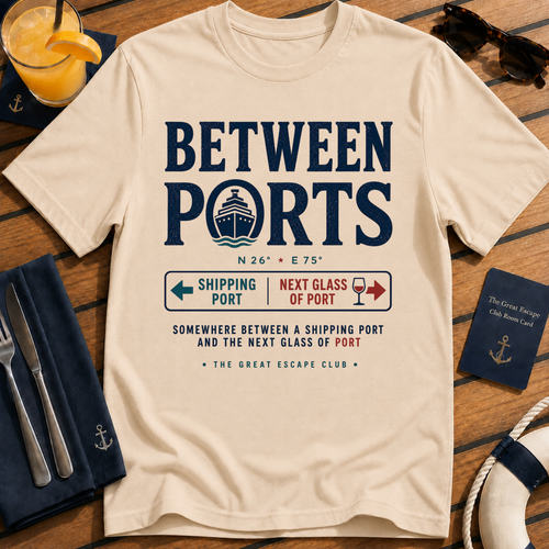 Between Ports funny cruise natural tan t-shirt for port days, wine lovers and nautical travel fans by The Great Escape Club