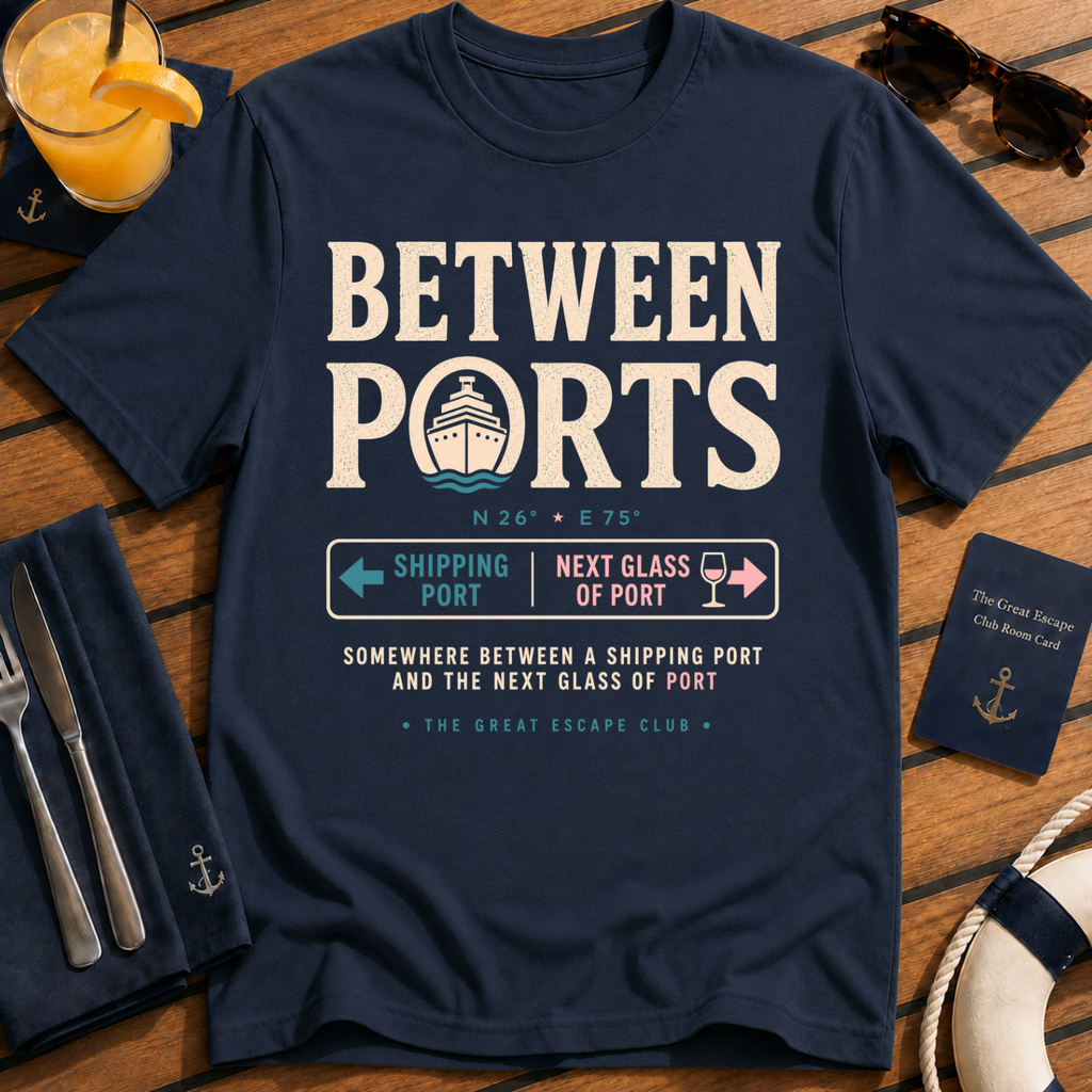 Between Ports funny cruise navy t-shirt for port days, wine lovers and nautical travel fans by The Great Escape Club