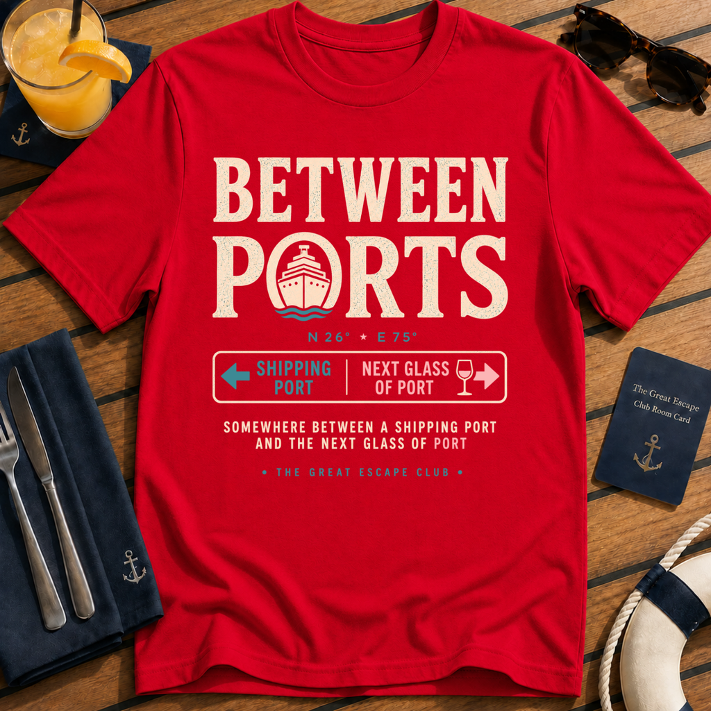 Between Ports funny cruise red t-shirt for port days, wine lovers and nautical travel fans by The Great Escape Club
