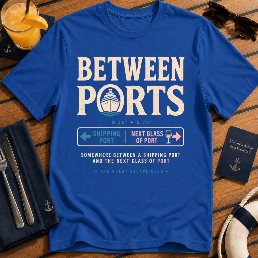 Between Ports funny cruise royal blue t-shirt for port days, wine lovers and nautical travel fans by The Great Escape Club