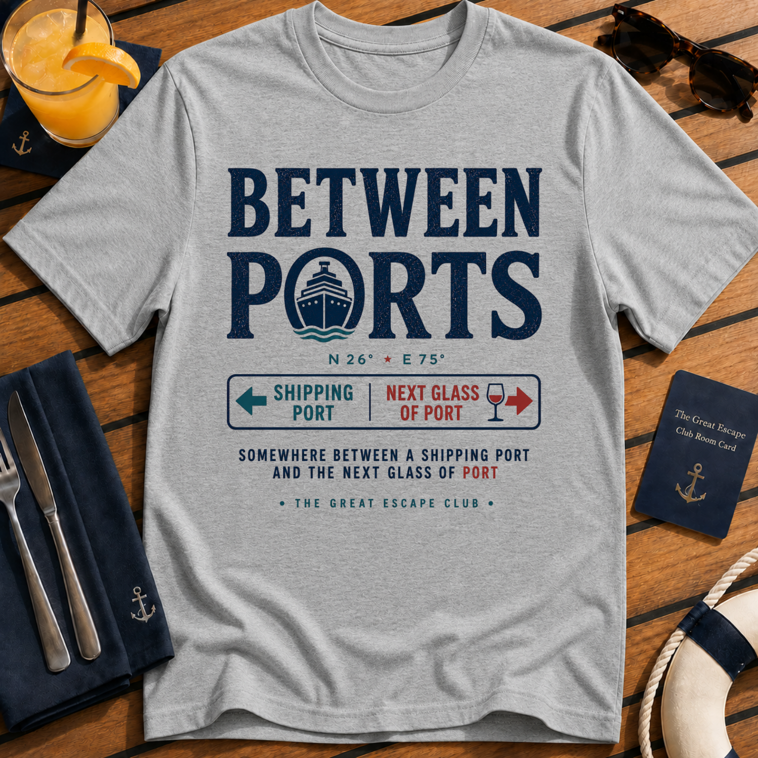 Between Ports funny cruise sports grey t-shirt for port days, wine lovers and nautical travel fans by The Great Escape Club