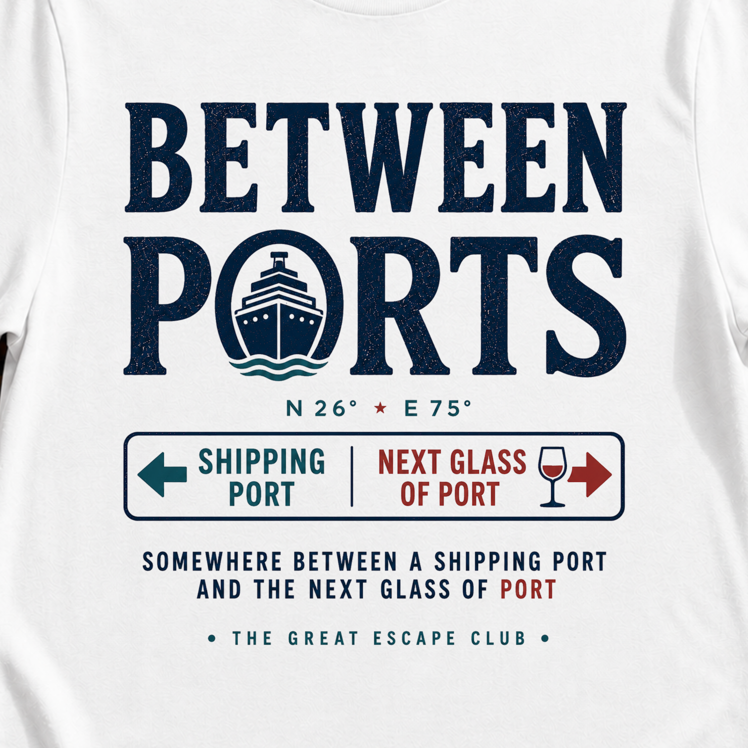 Between Ports funny cruise t-shirt for port days, wine lovers and nautical travel fans by The Great Escape Club