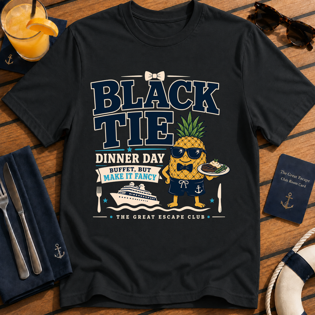 Black Tie Day funny cruise formal night t-shirt design on Black shirt