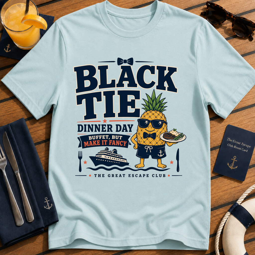 Black Tie Day funny cruise formal night t-shirt design on Light Blue shirt