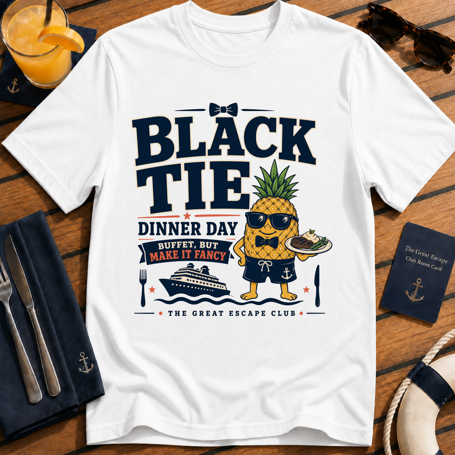 Black Tie Day funny cruise formal night t-shirt design on White shirt
