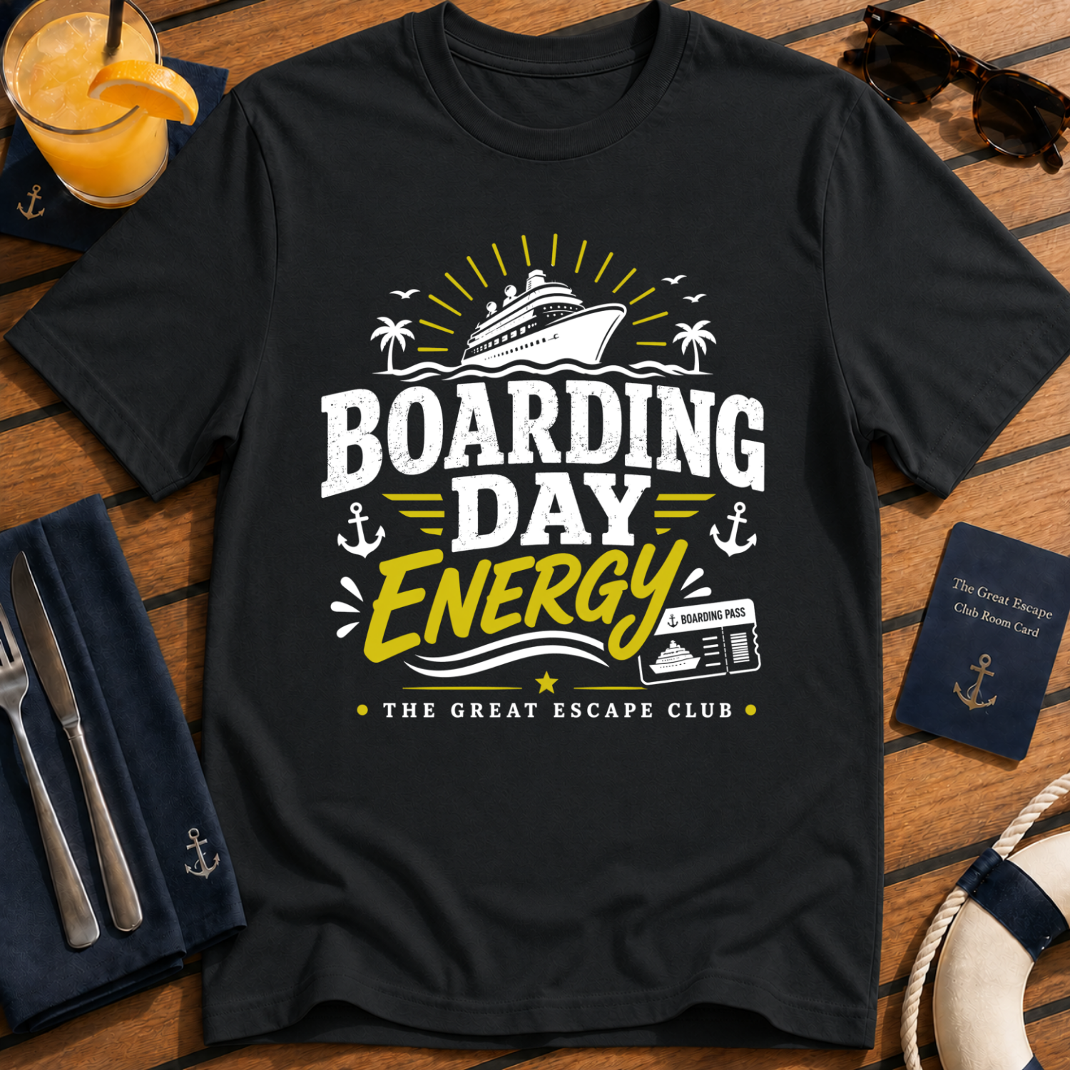 Boarding Day Energy funny cruise embarkation day black t-shirt for matching groups and holiday crews by The Great Escape Club