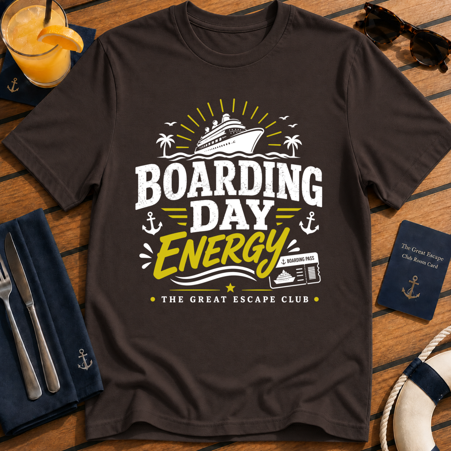 Boarding Day Energy funny cruise embarkation day dark chocolate t-shirt for matching groups and holiday crews by The Great Escape Club