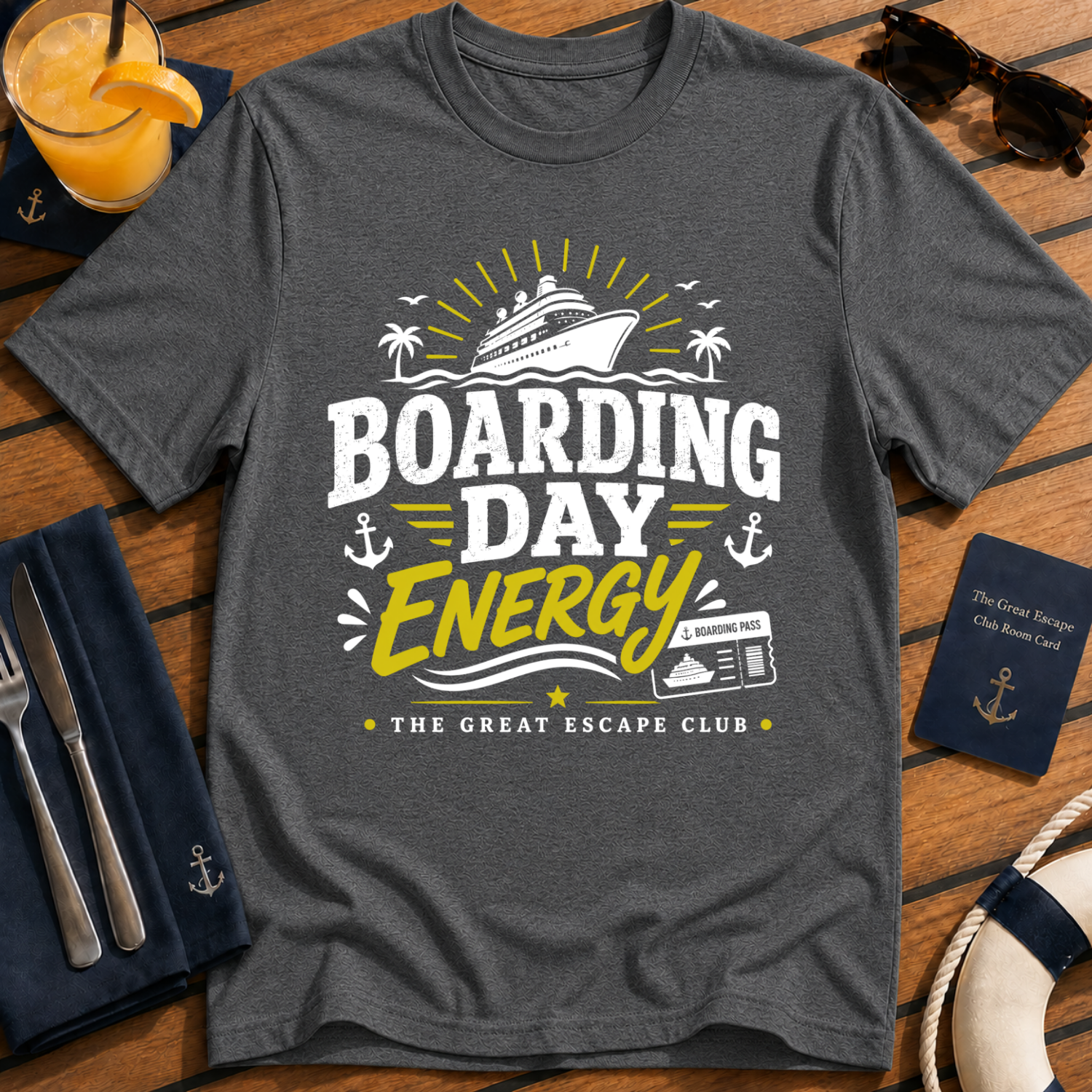 Boarding Day Energy funny cruise embarkation day dark grey t-shirt for matching groups and holiday crews by The Great Escape Club