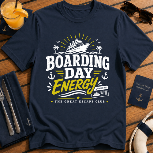 Boarding Day Energy funny cruise embarkation day navy t-shirt for matching groups and holiday crews by The Great Escape Club