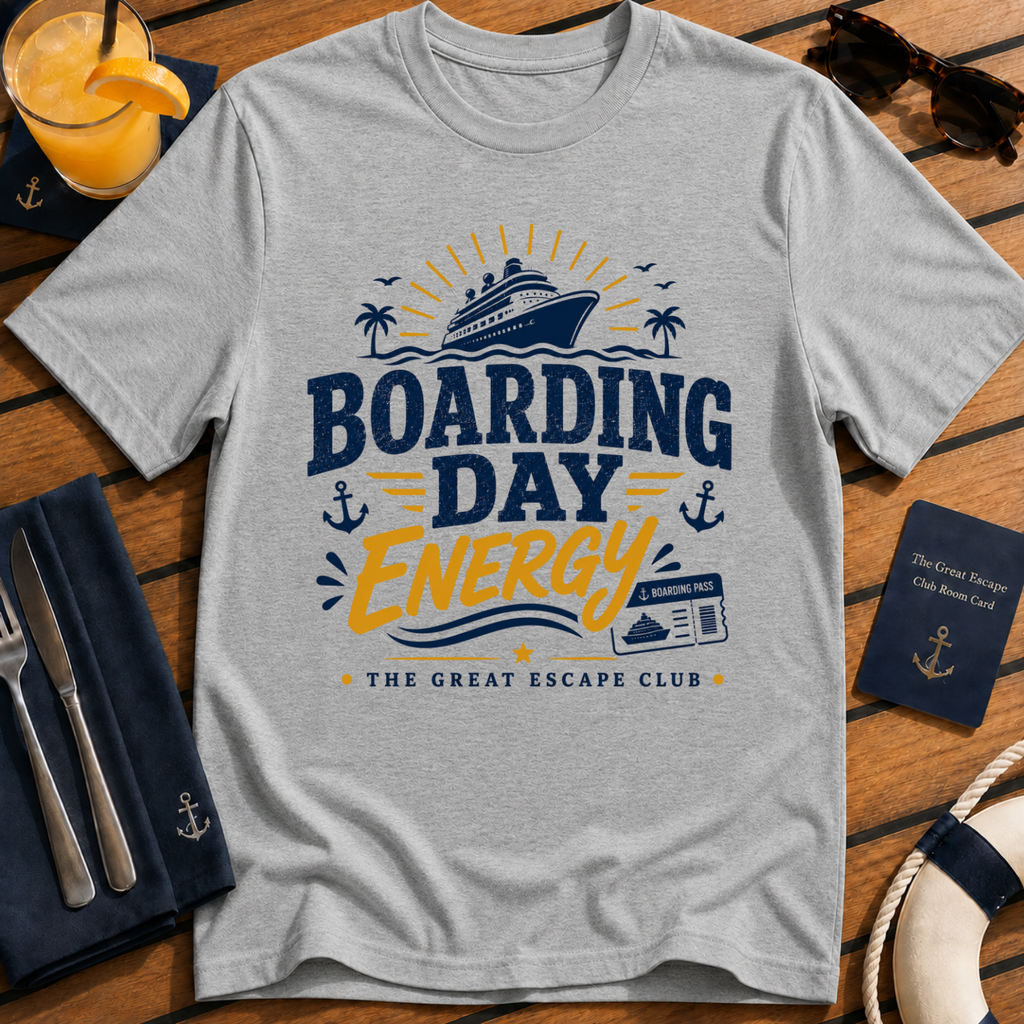 Boarding Day Energy funny cruise embarkation day grey t-shirt for matching groups and holiday crews by The Great Escape Club