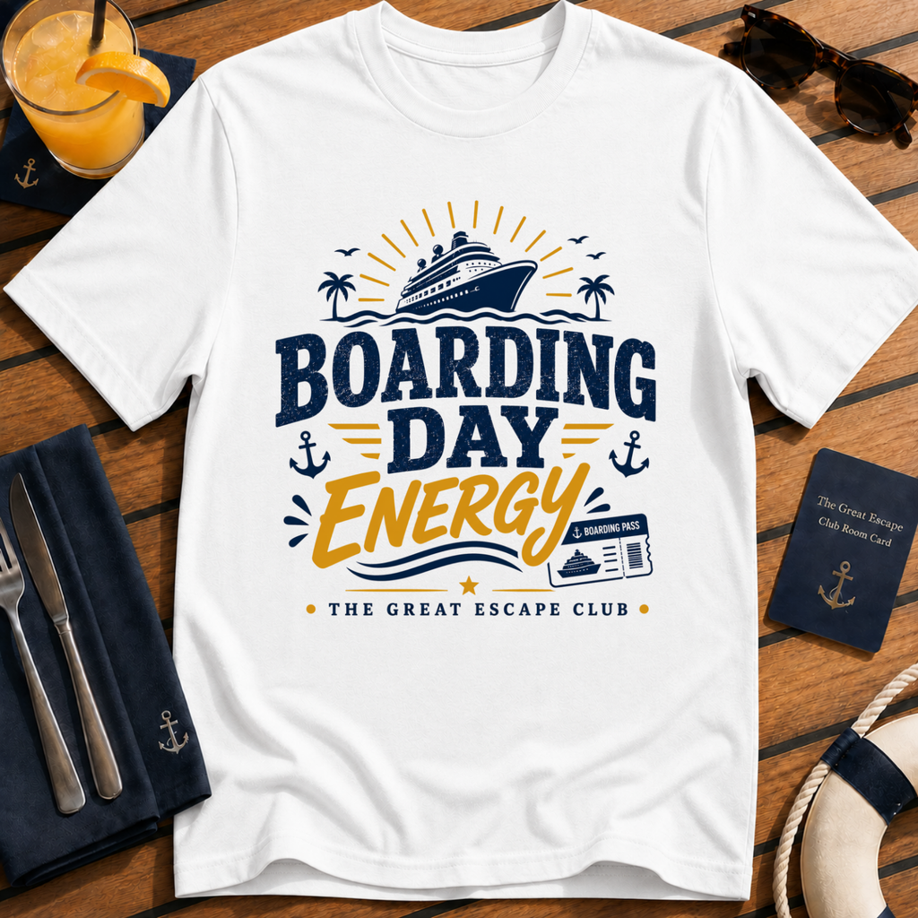Boarding Day Energy funny cruise embarkation day white t-shirt for matching groups and holiday crews by The Great Escape Club