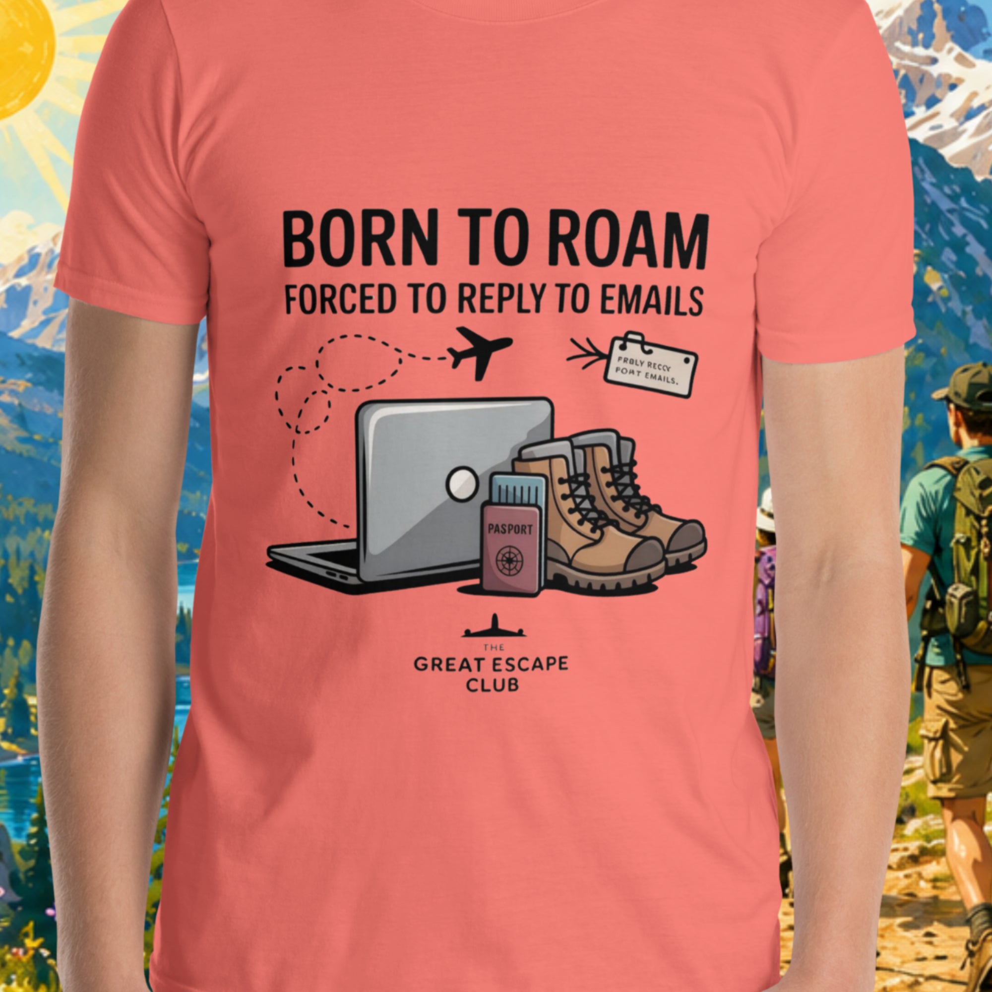 Born to Roam Forced to Reply to Emails unisex coral silk T-shirt with laptop, hiking boots, passport and airplane travel design