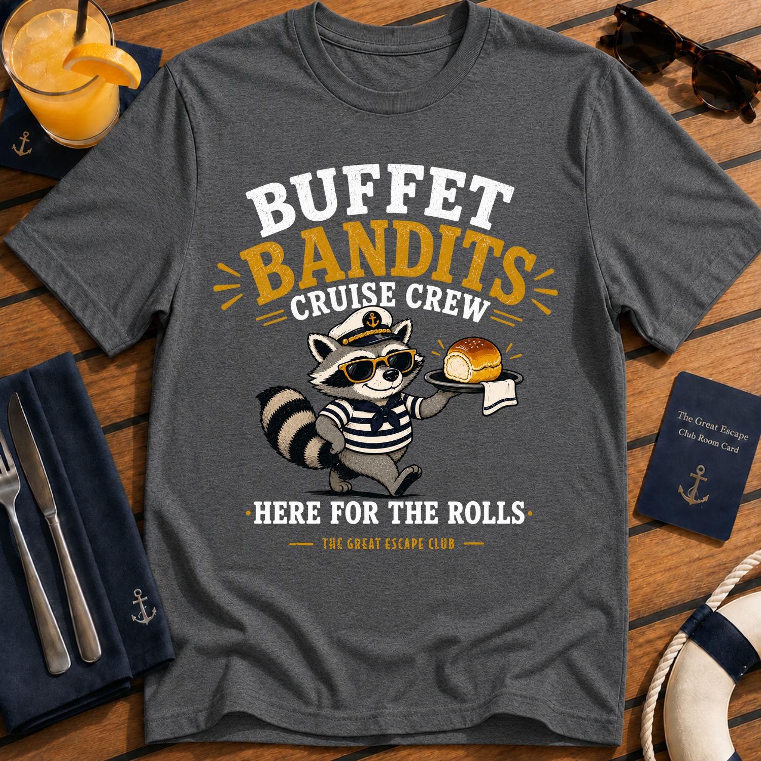 Buffet Bandits Cruise Crew funny cruise buffet t-shirt design on Dark Heather shirt