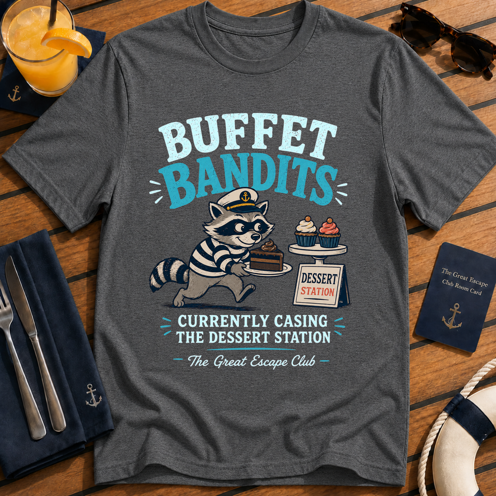 Buffet Bandits funny cruise dessert station t-shirt design on Dark Heather shirt