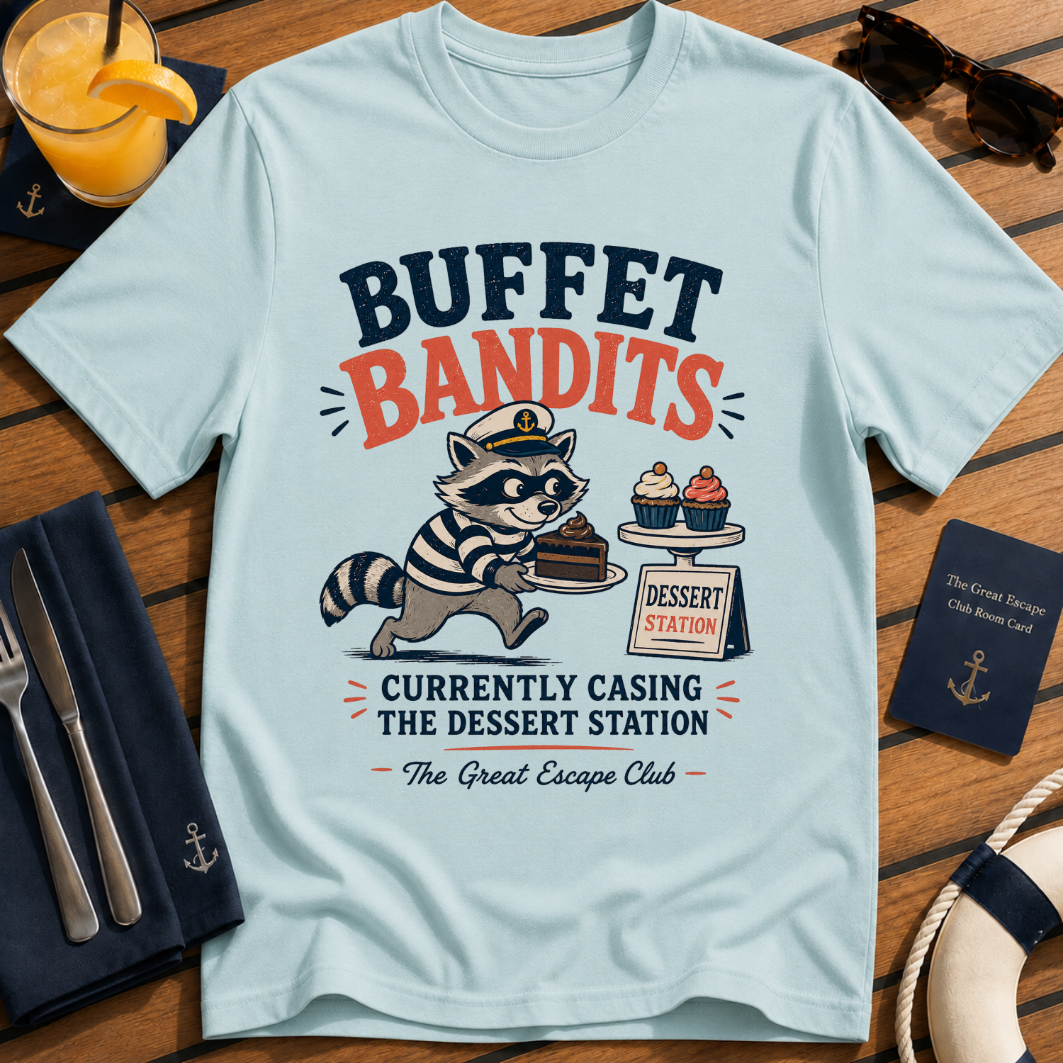 Buffet Bandits funny cruise dessert station t-shirt design on Light Blue shirt