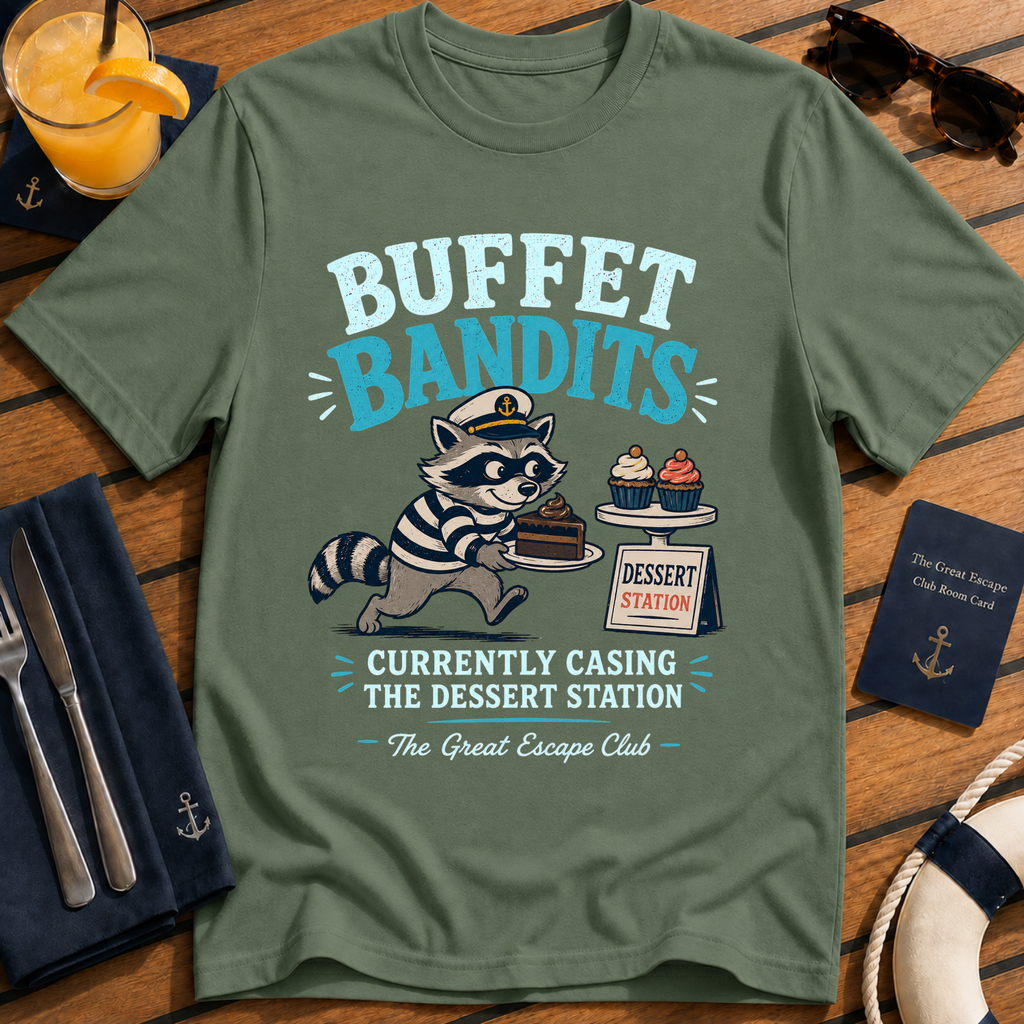 Buffet Bandits funny cruise dessert station t-shirt design on Military Green shirt