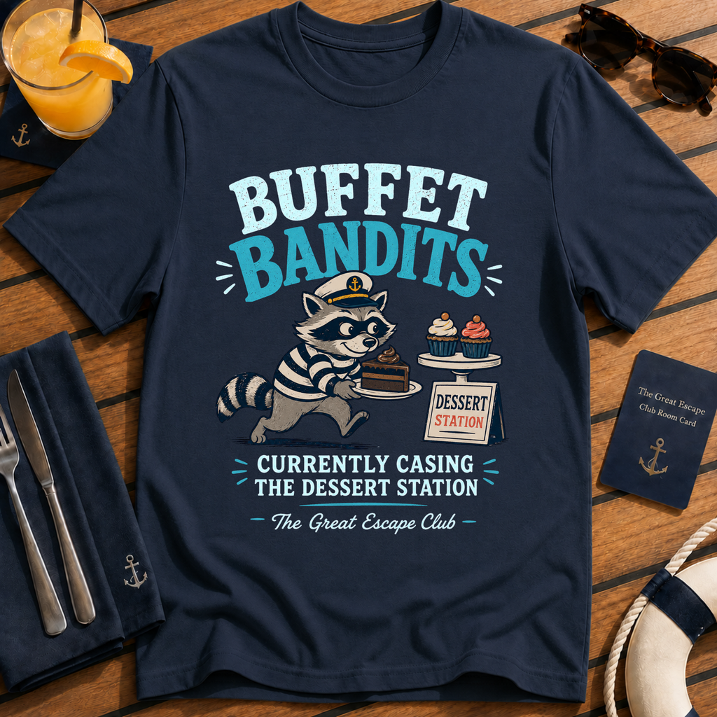 Buffet Bandits funny cruise dessert station t-shirt design on Navy shirt
