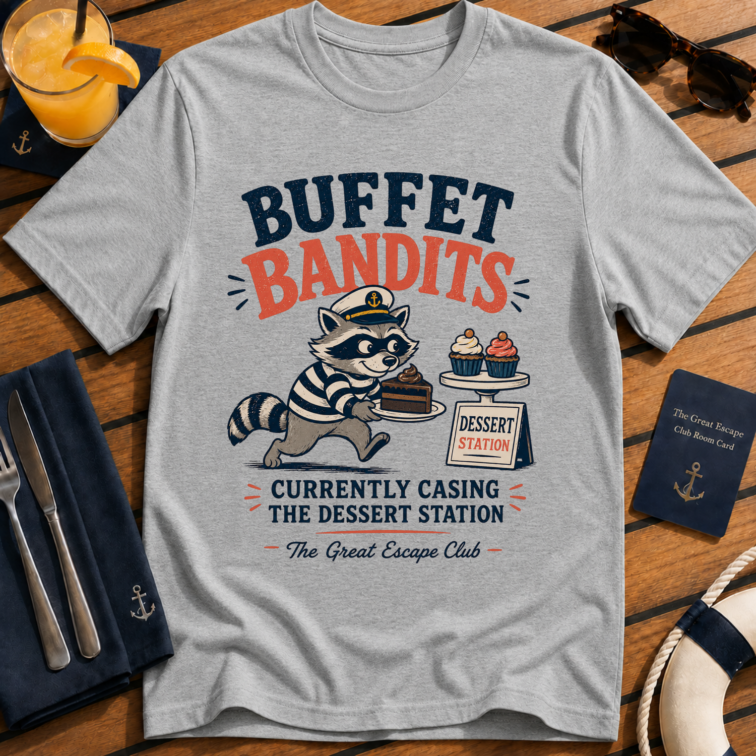 Buffet Bandits funny cruise dessert station t-shirt design on Sport Grey shirt