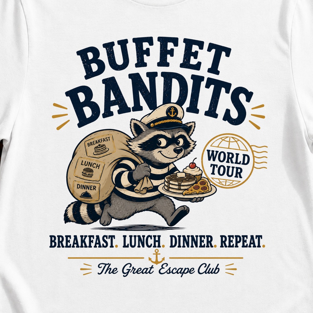 Buffet Bandits World Tour funny cruise buffet t-shirt design on White shirt