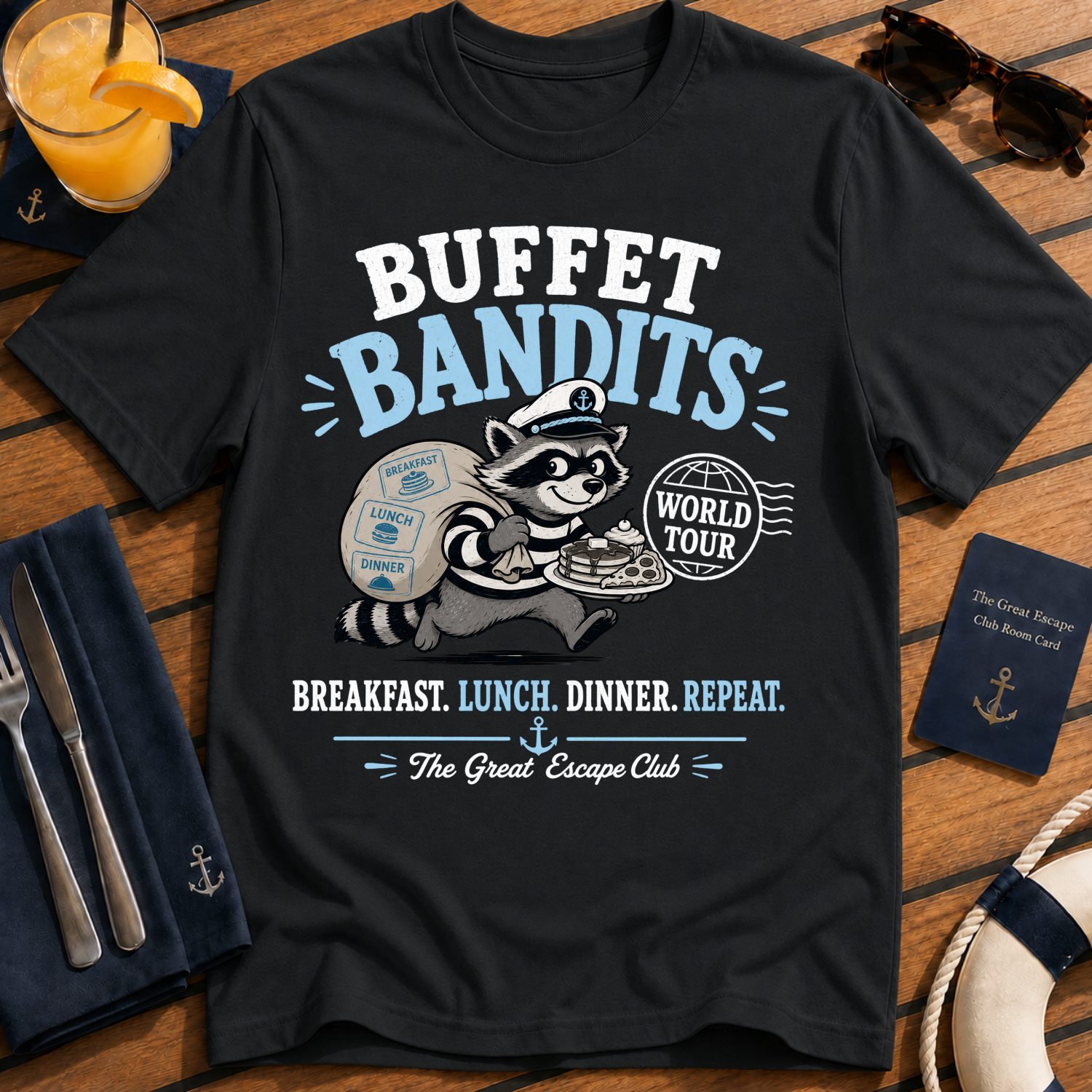 Buffet Bandits World Tour funny cruise buffet t-shirt design on Black shirt