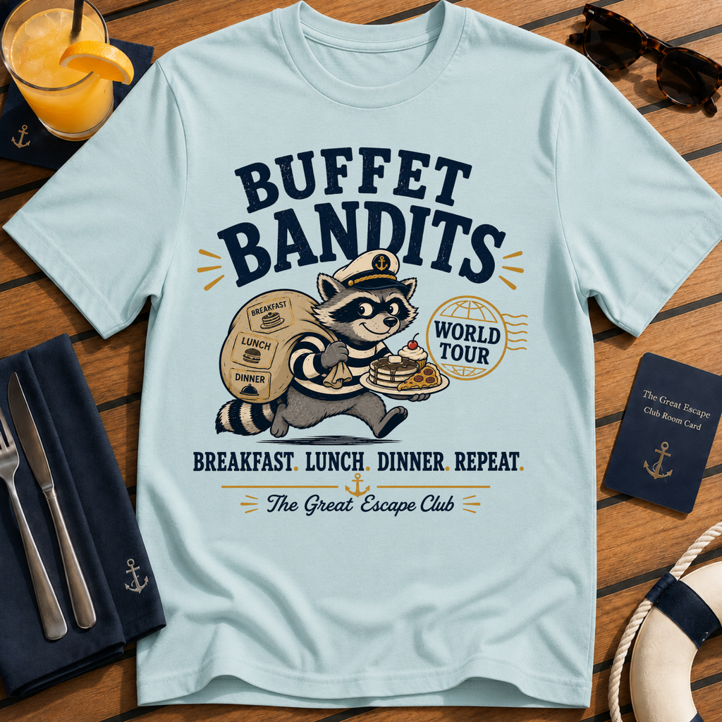 Buffet Bandits World Tour funny cruise buffet t-shirt design on Light Blue shirt