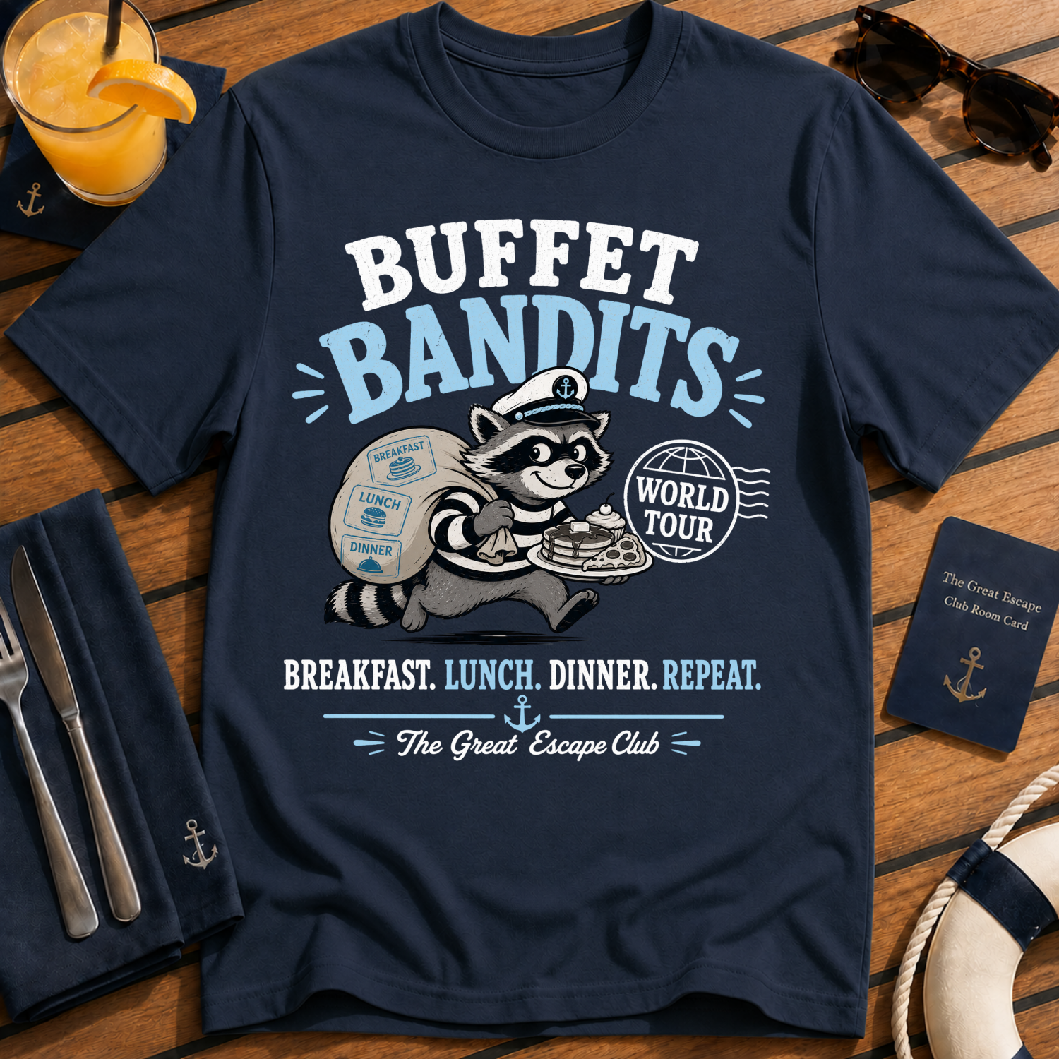 Buffet Bandits World Tour funny cruise buffet t-shirt design on Navy shirt