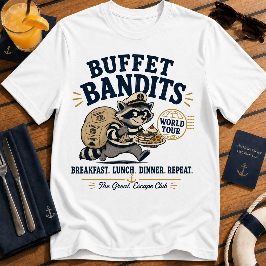 Buffet Bandits World Tour funny cruise buffet t-shirt design on White shirt