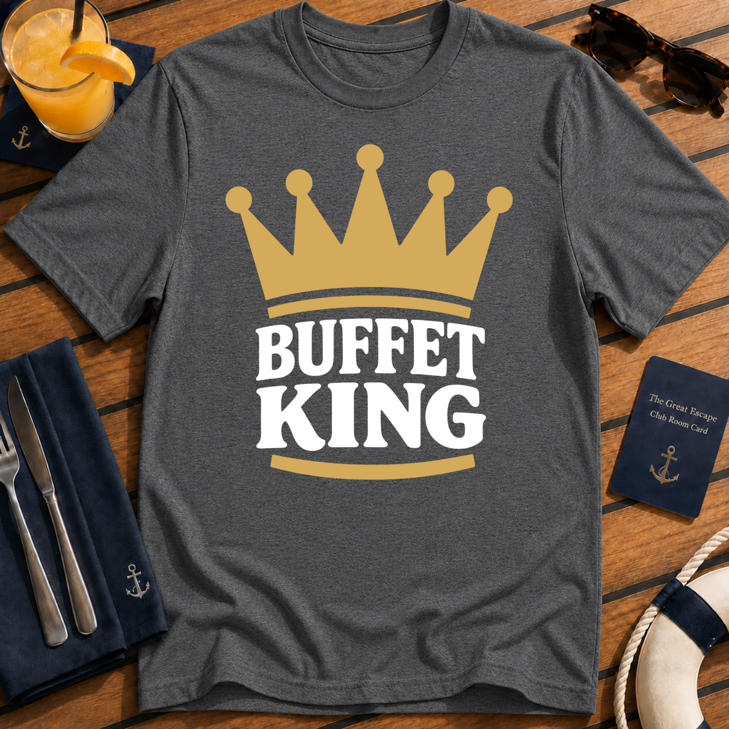 Buffet King funny cruise buffet t-shirt design on Dark Heather shirt
