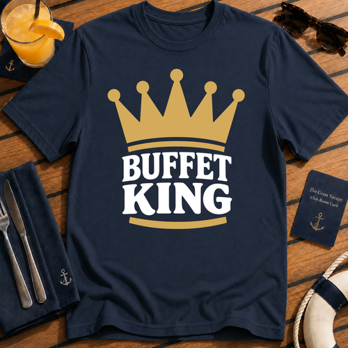 Buffet King funny cruise buffet t-shirt design on Navy shirt