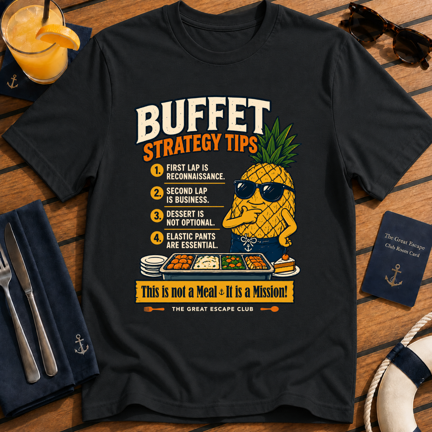 Funny cruise buffet black t-shirt for foodies, snack lovers and sea day legends. Perfect for cruise vacations, matching groups and holiday buffet tactics.