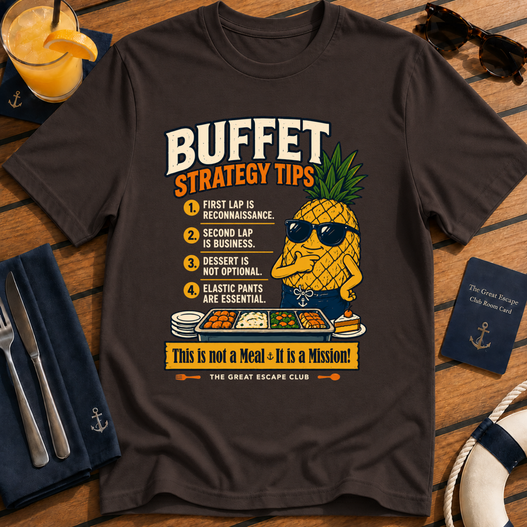 Funny cruise buffet dark chocolate brown t-shirt for foodies, snack lovers and sea day legends. Perfect for cruise vacations, matching groups and holiday buffet tactics.