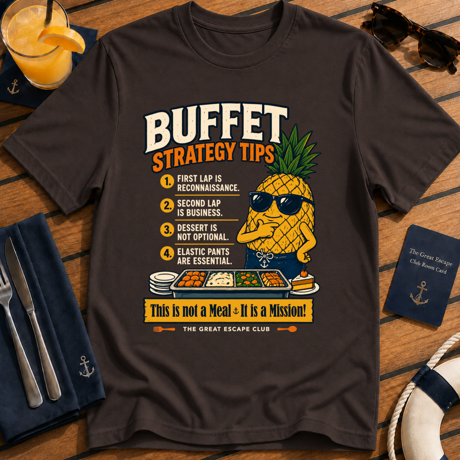 Funny cruise buffet dark chocolate brown t-shirt for foodies, snack lovers and sea day legends. Perfect for cruise vacations, matching groups and holiday buffet tactics.