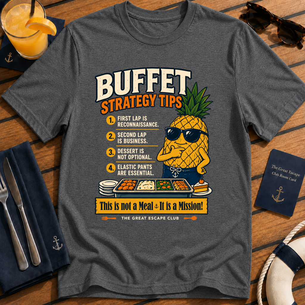 Funny cruise buffet dark heather grey t-shirt for foodies, snack lovers and sea day legends. Perfect for cruise vacations, matching groups and holiday buffet tactics.