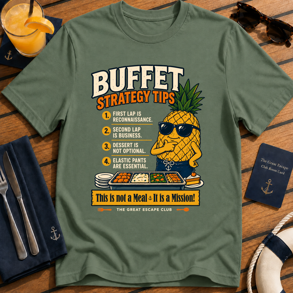 Funny cruise buffet military green t-shirt for foodies, snack lovers and sea day legends. Perfect for cruise vacations, matching groups and holiday buffet tactics.