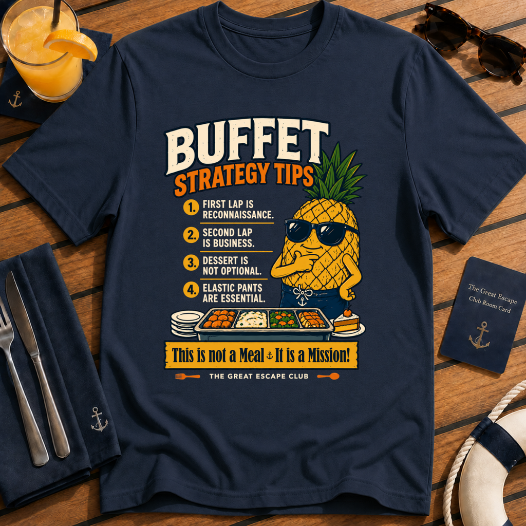 Funny cruise buffet navy t-shirt for foodies, snack lovers and sea day legends. Perfect for cruise vacations, matching groups and holiday buffet tactics.