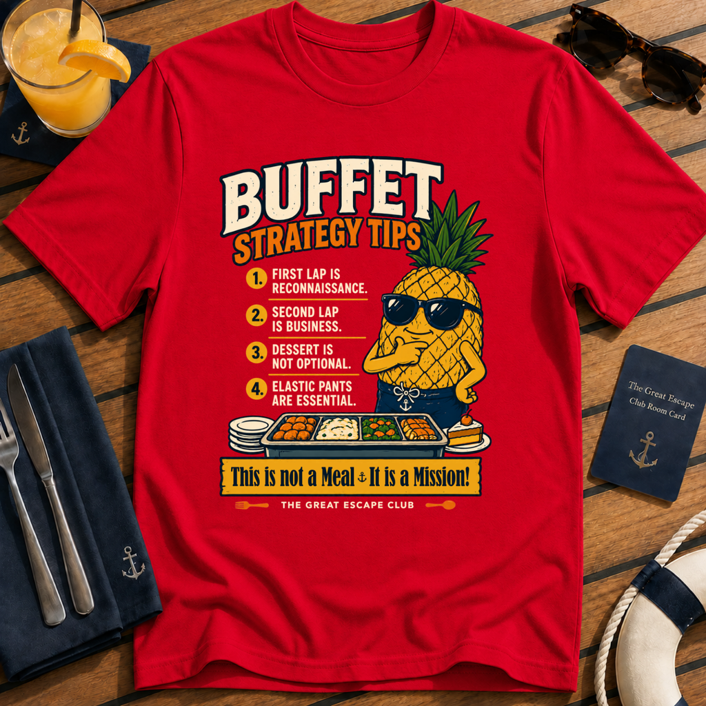 Funny cruise buffet red t-shirt for foodies, snack lovers and sea day legends. Perfect for cruise vacations, matching groups and holiday buffet tactics.