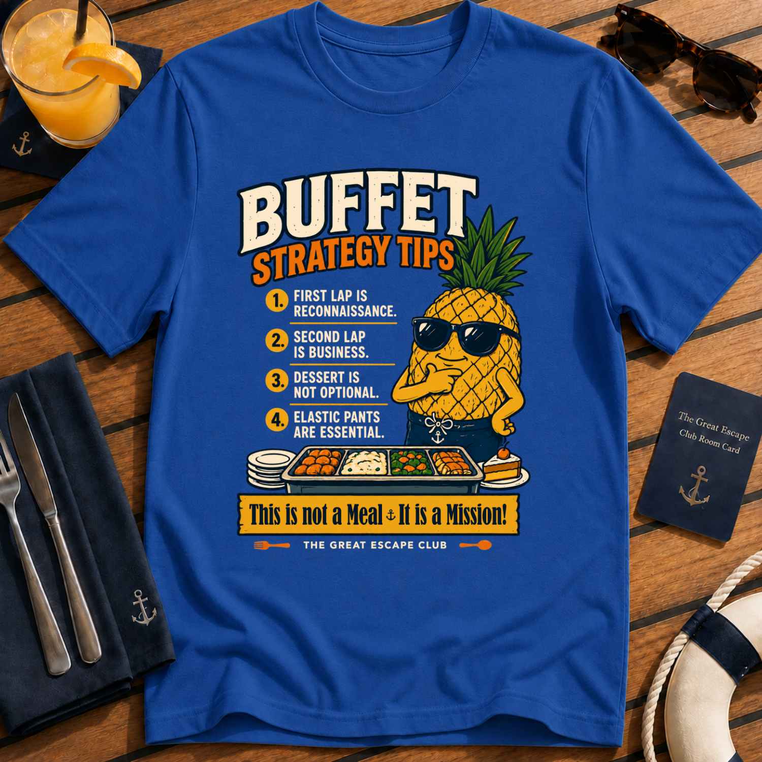 Funny cruise buffet royal blue t-shirt for foodies, snack lovers and sea day legends. Perfect for cruise vacations, matching groups and holiday buffet tactics.