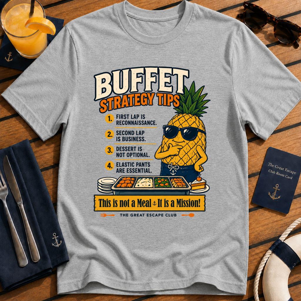 Funny cruise buffet sports grey t-shirt for foodies, snack lovers and sea day legends. Perfect for cruise vacations, matching groups and holiday buffet tactics.