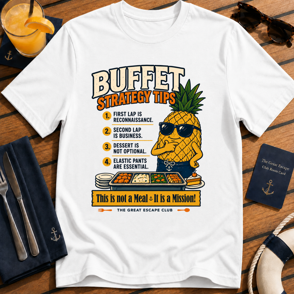 Funny cruise buffet white t-shirt for foodies, snack lovers and sea day legends. Perfect for cruise vacations, matching groups and holiday buffet tactics.