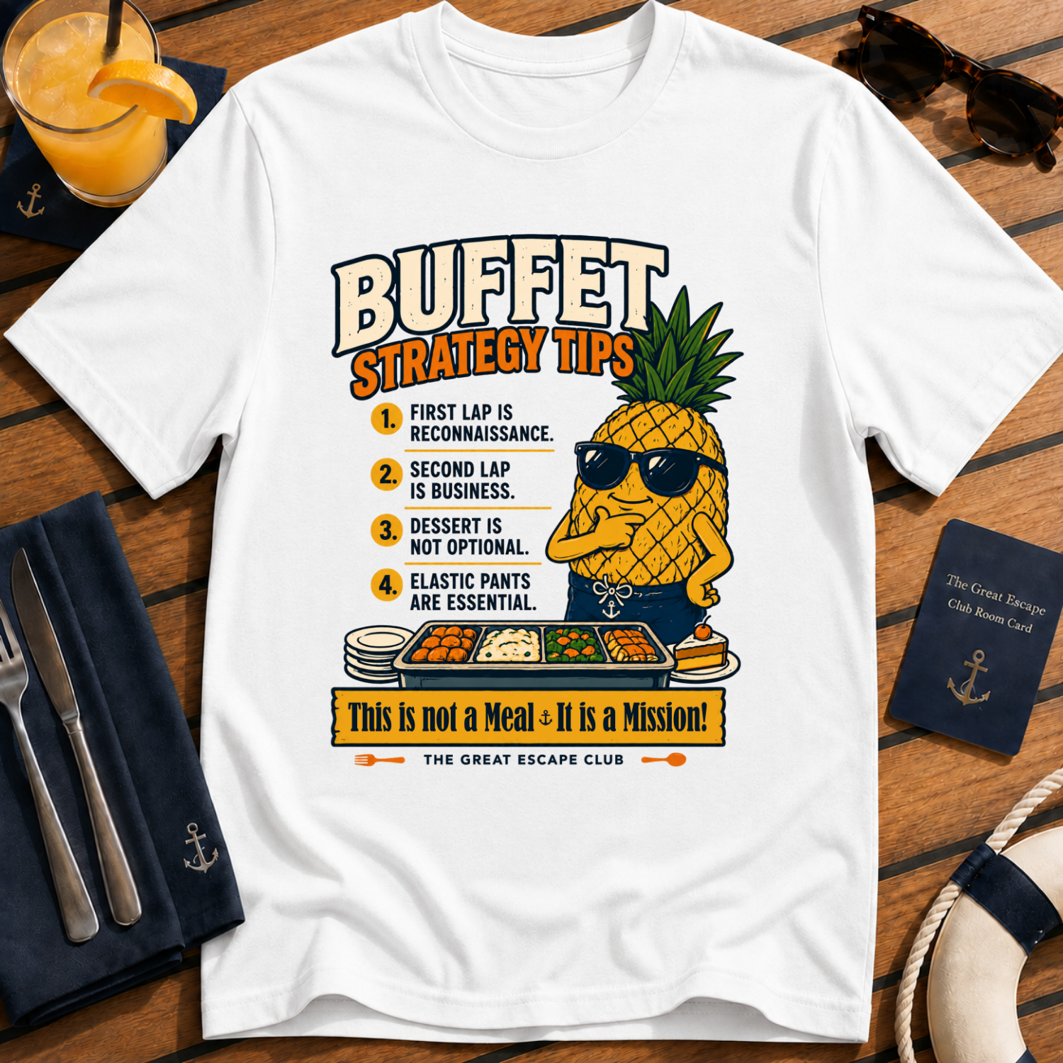 Funny cruise buffet white t-shirt for foodies, snack lovers and sea day legends. Perfect for cruise vacations, matching groups and holiday buffet tactics.