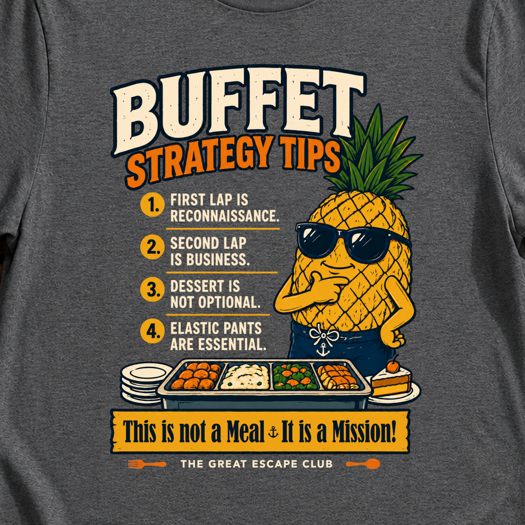 Funny cruise buffet t-shirt for foodies, snack lovers and sea day legends. Perfect for cruise vacations, matching groups and holiday buffet tactics.