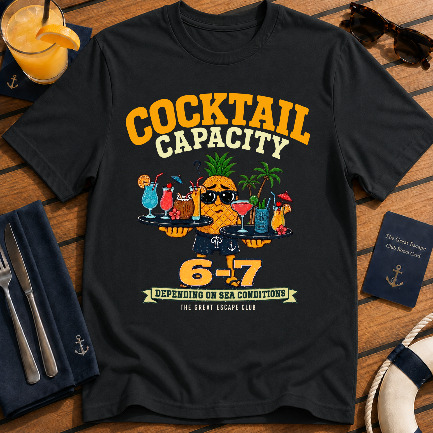 Cocktail Capacity 6-7 funny cruise drinking t-shirt design on Black shirt