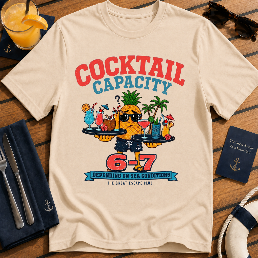 Cocktail Capacity 6-7 funny cruise drinking t-shirt design on Natural shirt